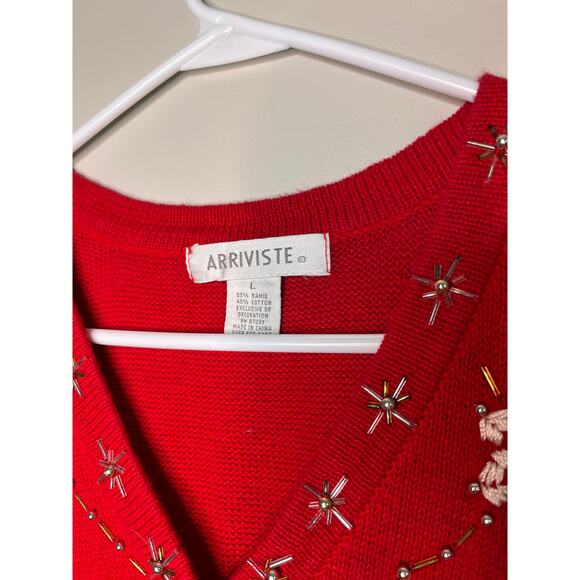 2000s Arriviste Red Gold White Christmas Snowflakes Glam Sparkle Sweater Vest L - Picture 2 of 3